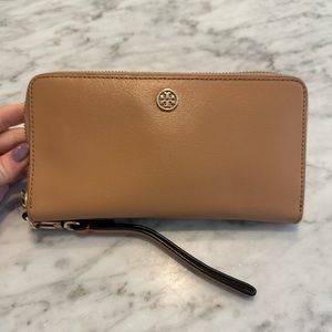 Tory Burch Brown Leather Wallet with Inside Navy Details